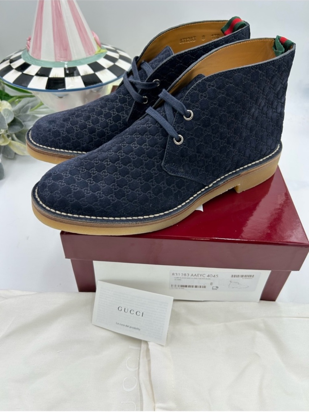 Gucci Navy MOREAU Suede GG Jacquard BOOTS . Size 8 fits 9.
